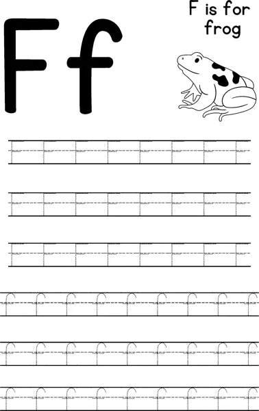 Large letters F and f beside a spotted frog, with rows of dotted letters to trace below.
