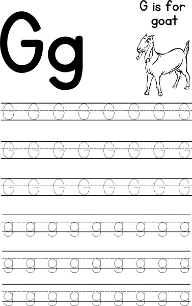 Large letters G and g beside a standing goat, with rows of dotted letters to trace below.