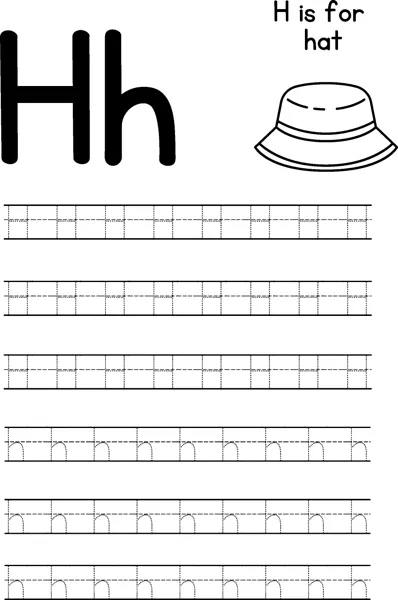 Large letters H and h beside a bucket hat, with rows of dotted letters to trace below.