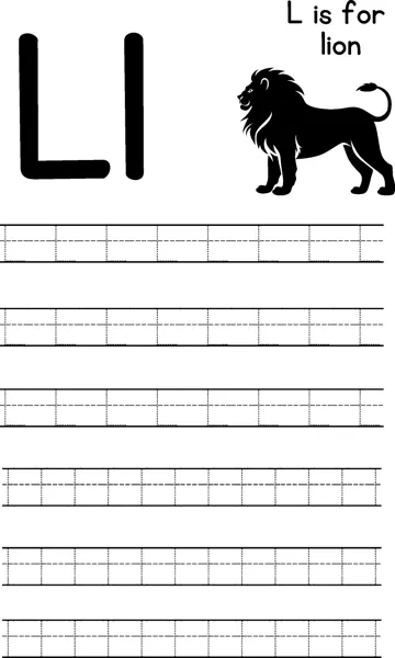 Large letters L and l beside a lion silhouette, with rows of dotted letters to trace below.
