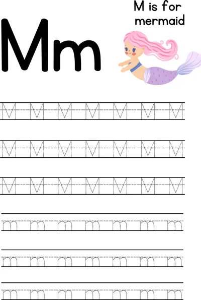 Large letters M and m beside a small colored mermaid, with rows of dotted letters to trace below.