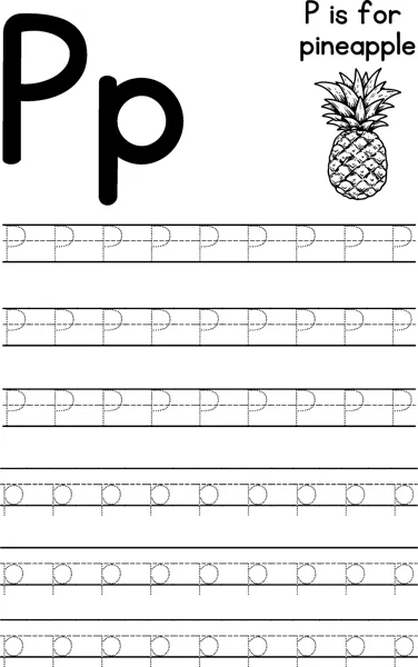 Large letters P and p beside a pineapple, with rows of dotted letters to trace below.