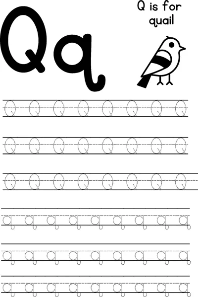 Large letters Q and q beside a small quail bird, with rows of dotted letters to trace below.