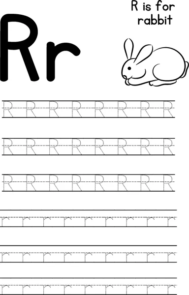 Large letters R and r beside a crouching rabbit, with rows of dotted letters to trace below.
