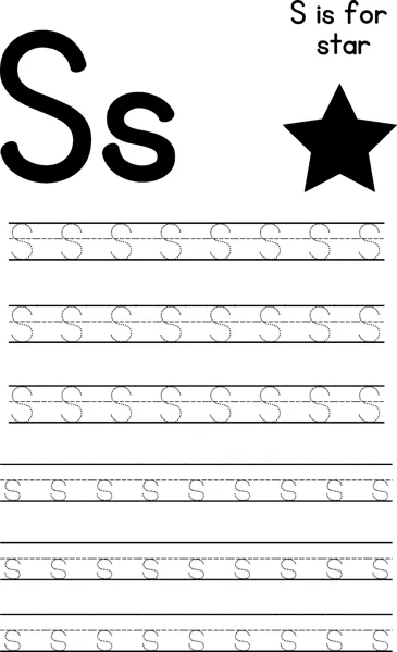 Large letters S and s beside a solid black star, with rows of dotted letters to trace below.