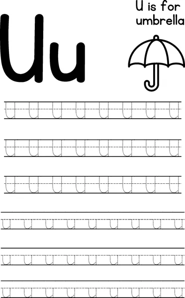 Large letters U and u beside an open umbrella, with rows of dotted letters to trace below.