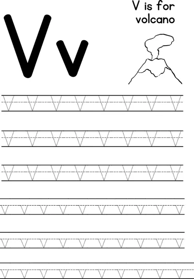 Large letters V and v beside an erupting volcano, with rows of dotted letters to trace below.