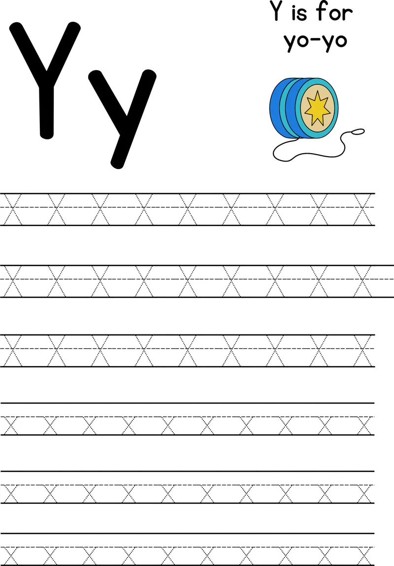 Large letters Y and y beside a small colored yo-yo, with rows of dotted letters to trace below.