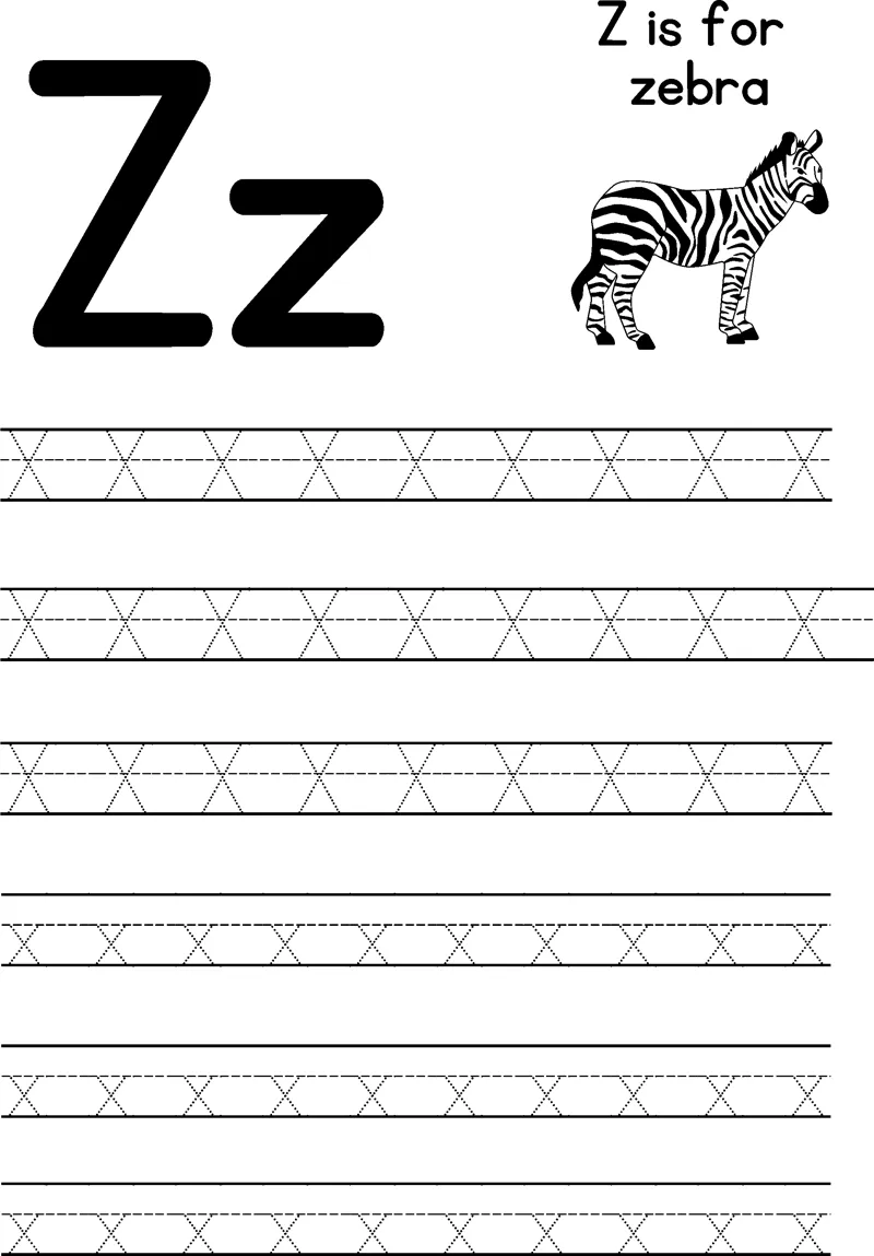 Large letters Z and z beside a striped zebra, with rows of dotted letters to trace below.