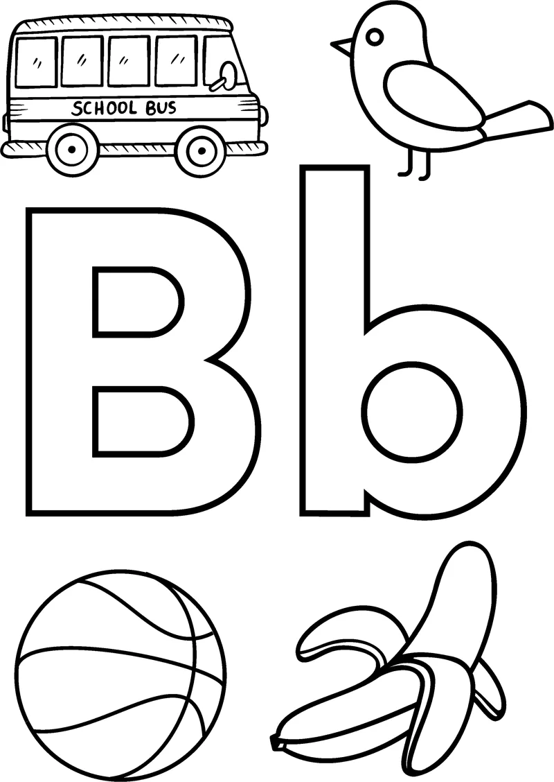 Big bubble letters B and b surrounded by a school bus, a bird, a basketball and bananas.