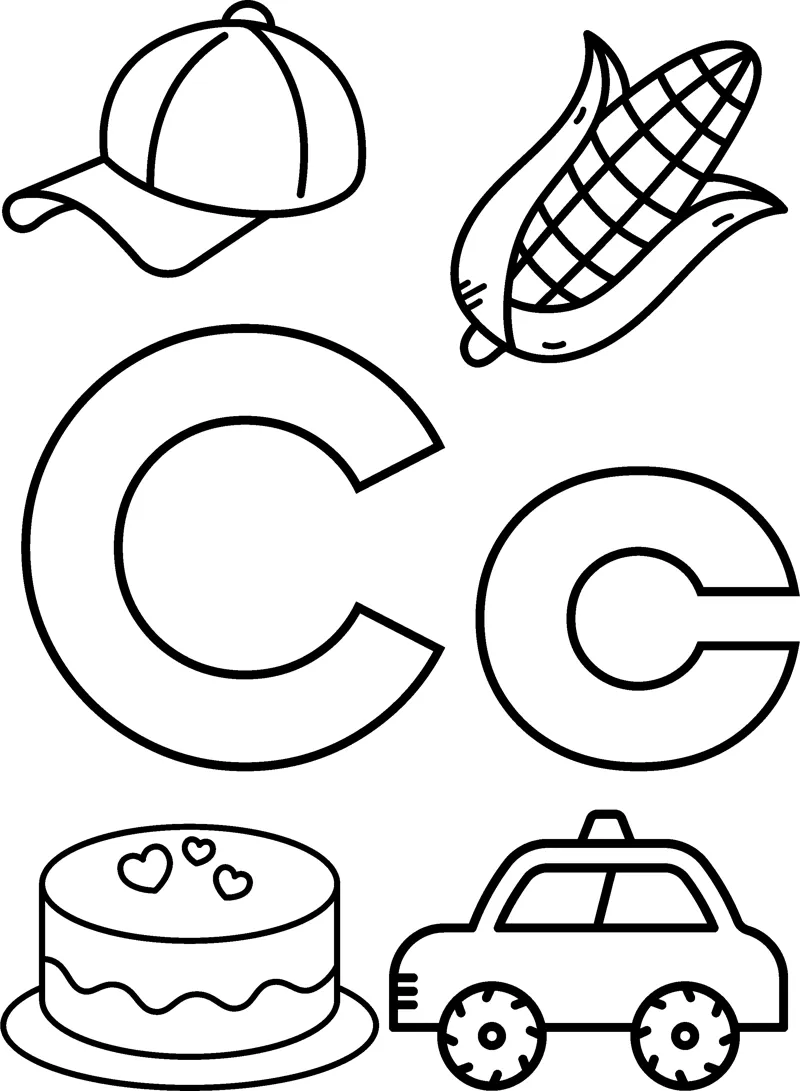 Big bubble letters C and c surrounded by a cap, an ear of corn, a cake and a car.
