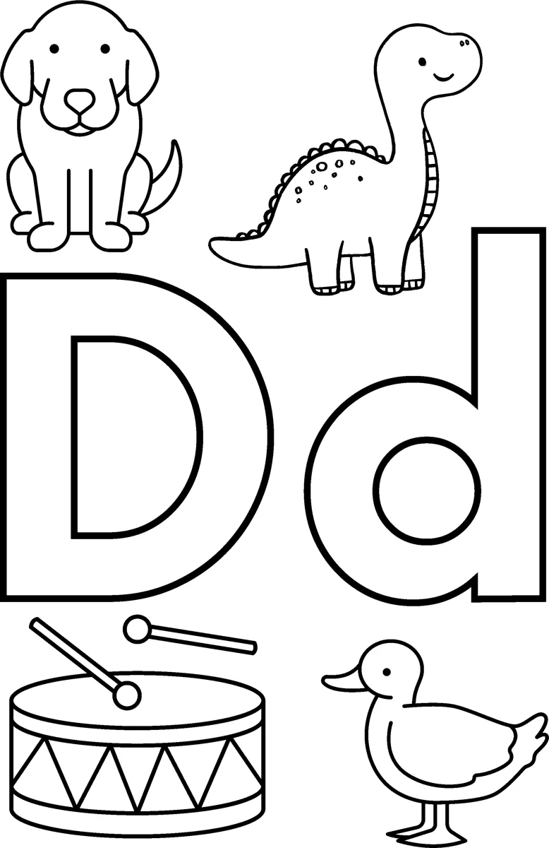 Big bubble letters D and d surrounded by a dog, a dinosaur, a drum and a duck.