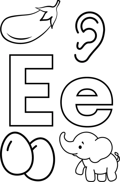 Big bubble letters E and e surrounded by an eggplant, an ear, two eggs and an elephant.