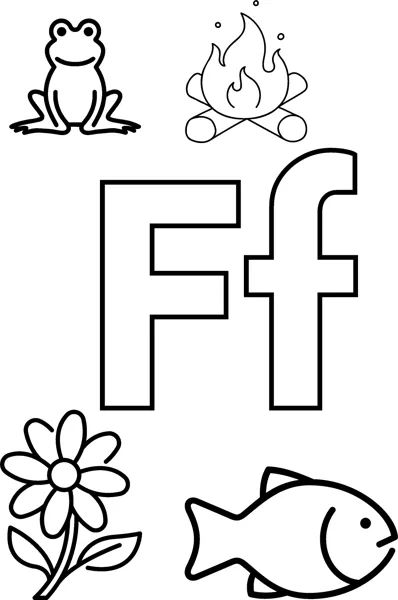 Big bubble letters F and f surrounded by a frog, a campfire, a flower and a fish.