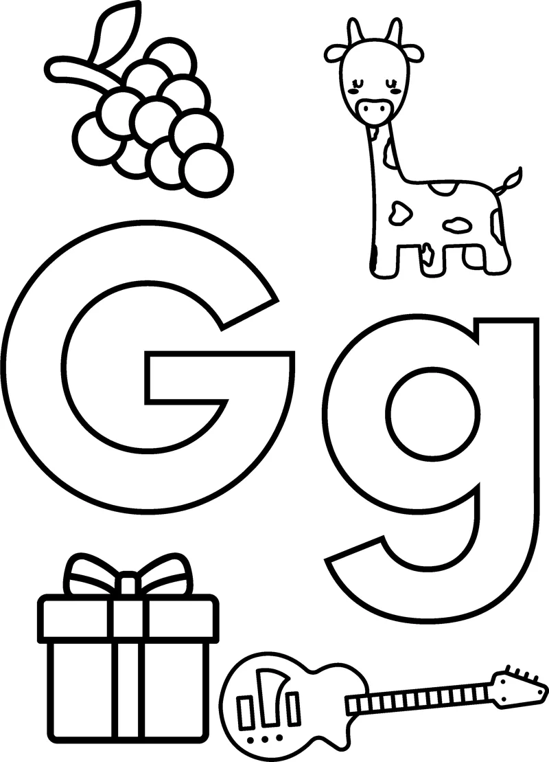 Big bubble letters G and g surrounded by grapes, a giraffe, a gift box and a guitar.