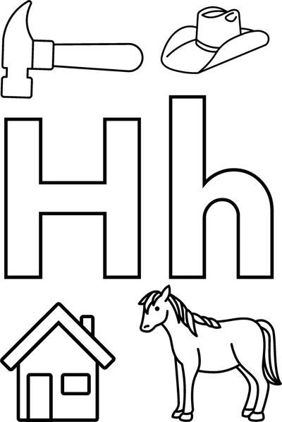 Big bubble letters H and h surrounded by a hammer, a cowboy hat, a house and a horse.