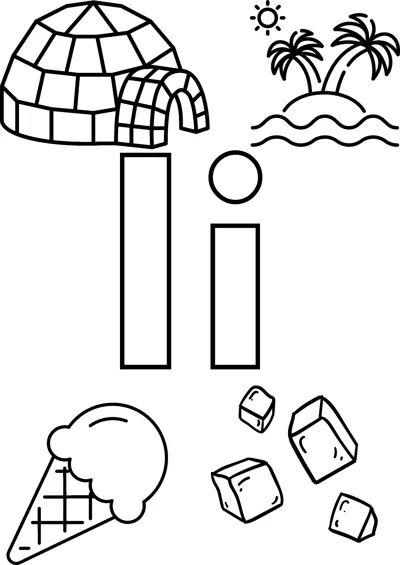 Big bubble letters I and i surrounded by an igloo, an island with palms, an ice cream and ice cubes.
