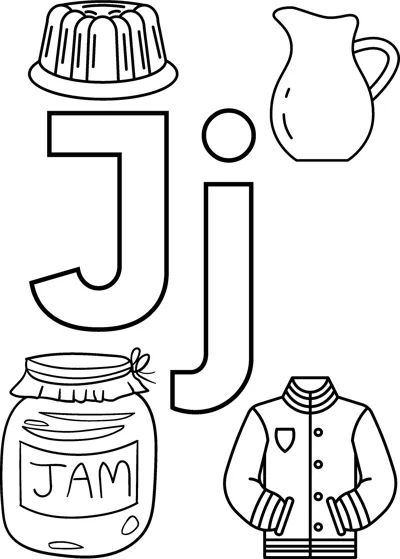Big bubble letters J and j surrounded by a jelly, a jug, a jam jar and a jacket.