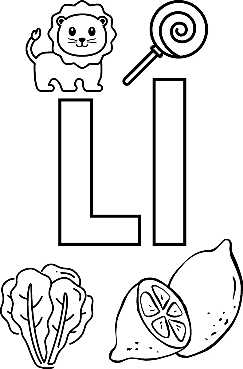 Big bubble letters L and l surrounded by a lion, a lollipop, lettuce and a lemon.