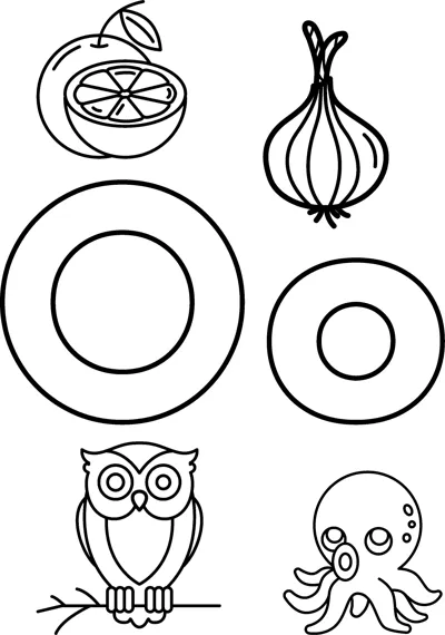 Big bubble letters O and o surrounded by an orange, an onion, an owl and an octopus.
