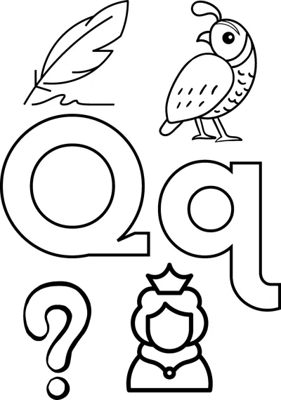 Big bubble letters Q and q surrounded by a quill feather, a quail, a question mark and a queen.