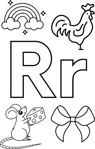 Big bubble letters R and r surrounded by a rainbow, a rooster, a rat with cheese and a ribbon bow.