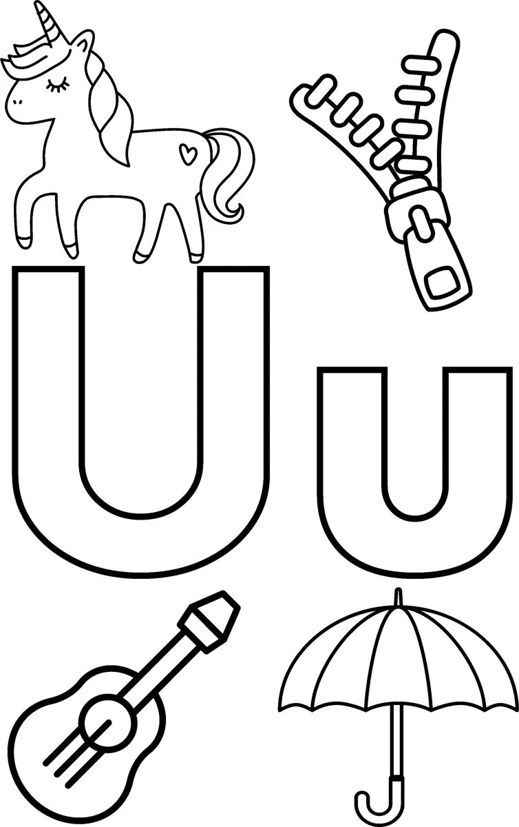 Big bubble letters U and u surrounded by a unicorn, a zipper, a ukulele and an umbrella.