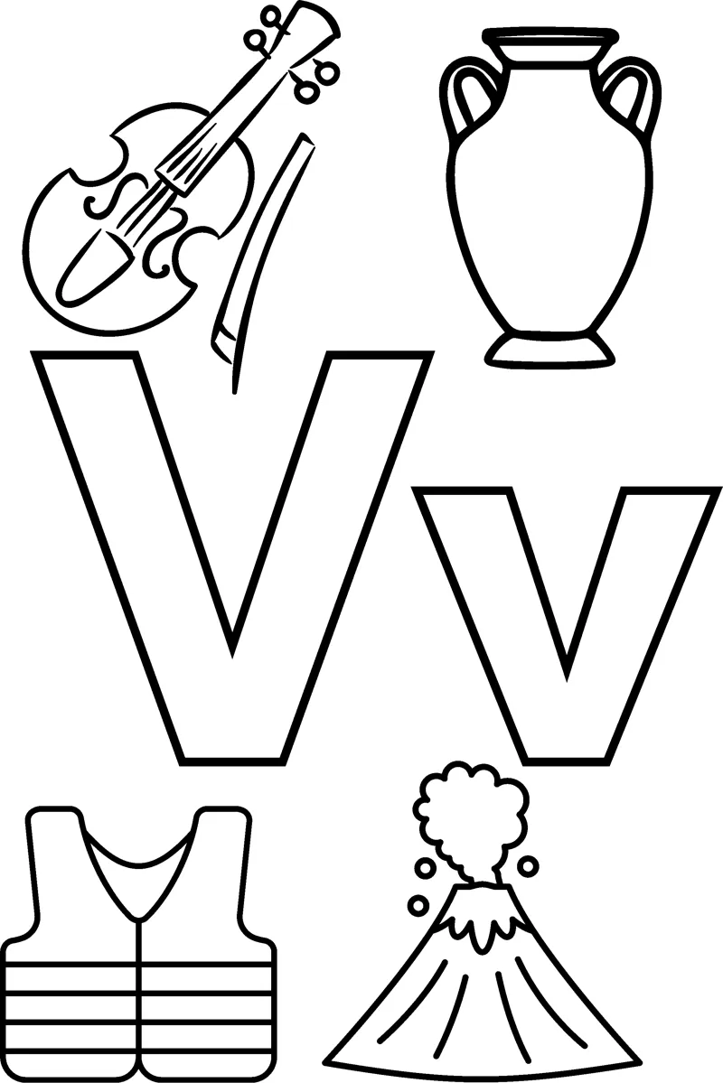 Big bubble letters V and v surrounded by a violin, a vase, a vest and an erupting volcano.