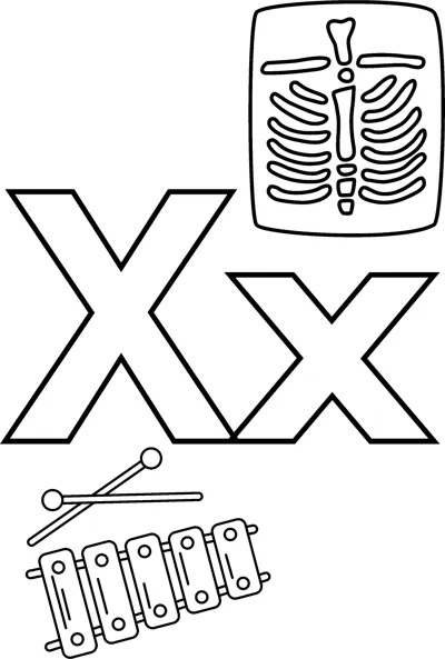 Big bubble letters X and x with an x-ray of a ribcage above and a xylophone below.
