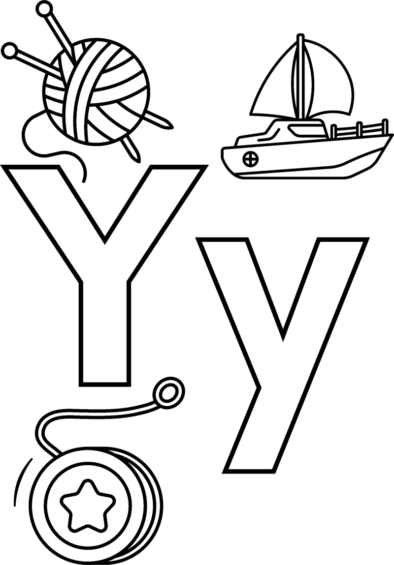 Big bubble letters Y and y surrounded by a ball of yarn, a yacht and a yo-yo.