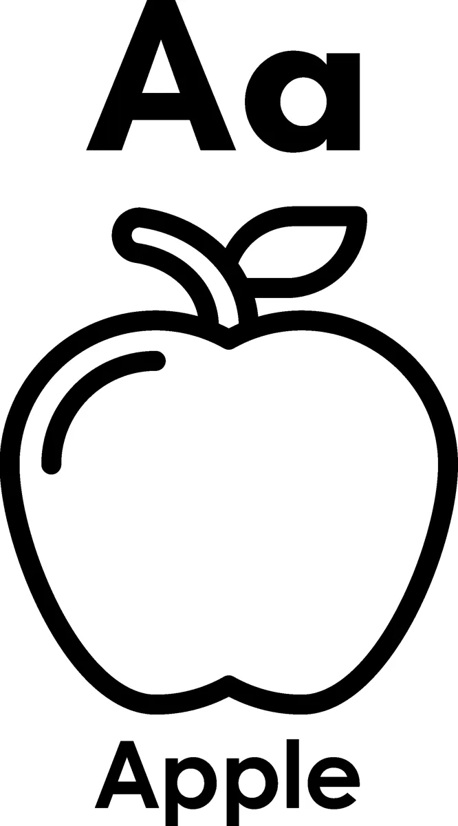 The letters Aa above a large apple with a leaf, and the word Apple printed below.