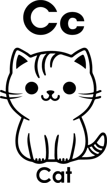 The letters Cc above a cute sitting kitten with a striped tail, and the word Cat printed below.