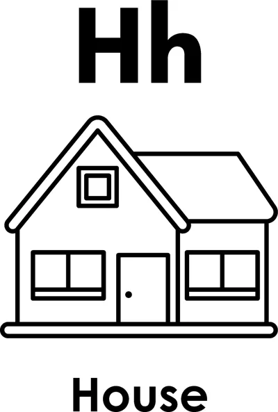 The letters Hh above a simple house with a door, windows and chimney, and the word House printed below.