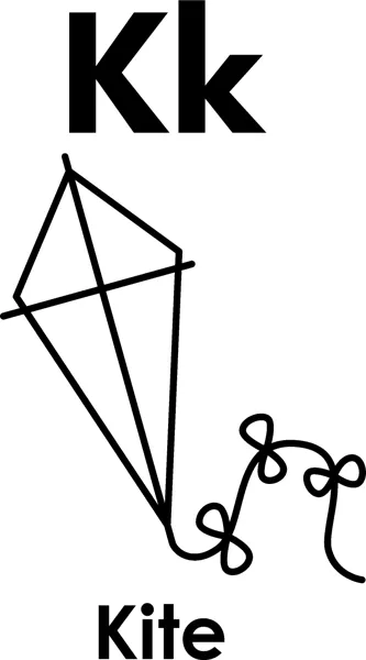 The letters Kk above a diamond kite with a long bowed tail, and the word Kite printed below.