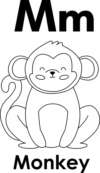 The letters Mm above a smiling monkey sitting with a curled tail, and the word Monkey printed below.