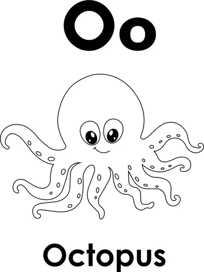 The letters Oo above a wide-eyed octopus with curling tentacles, and the word Octopus printed below.