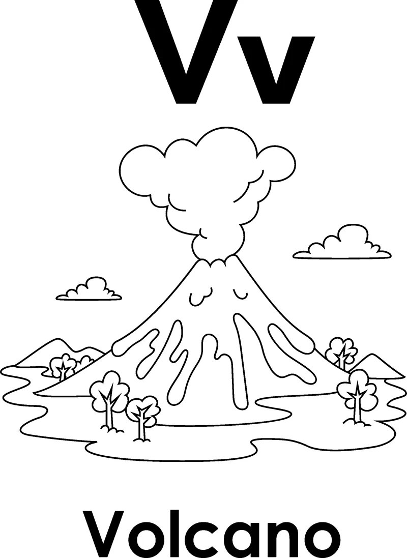 The letters Vv above an erupting volcano with smoke, lava and small trees, and the word Volcano printed below.