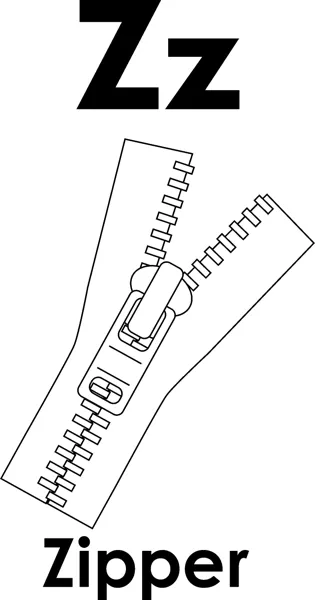 The letters Zz above a half-open zipper with a pull tab and teeth, and the word Zipper printed below.