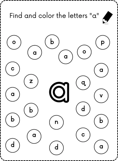 A big bubble letter a in the center surrounded by small circles each holding a lowercase letter.