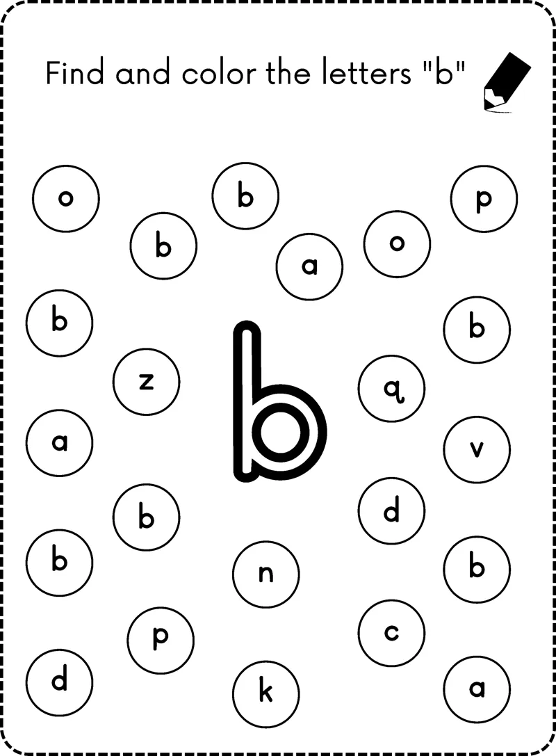 A big bubble letter b in the center surrounded by small circles each holding a lowercase letter.