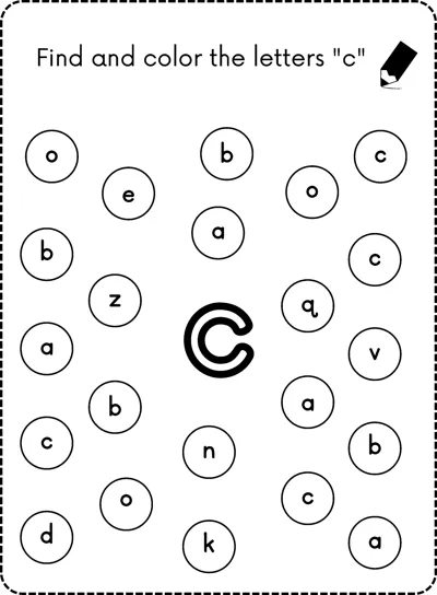 A big bubble letter c in the center surrounded by small circles each holding a lowercase letter.