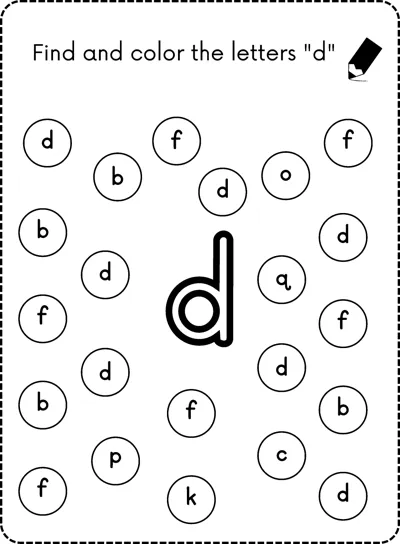 A big bubble letter d in the center surrounded by small circles each holding a lowercase letter.