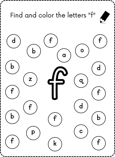 A big bubble letter f in the center surrounded by small circles each holding a lowercase letter.
