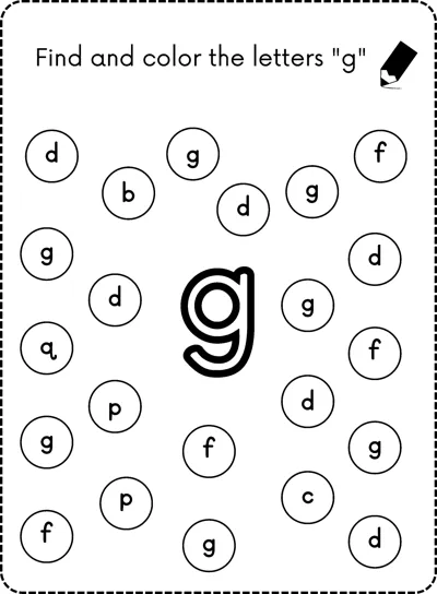 A big bubble letter g in the center surrounded by small circles each holding a lowercase letter.