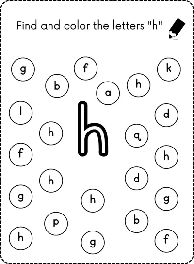 A big bubble letter h in the center surrounded by small circles each holding a lowercase letter.