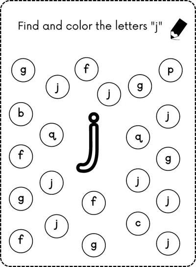 A big bubble letter j in the center surrounded by small circles each holding a lowercase letter.