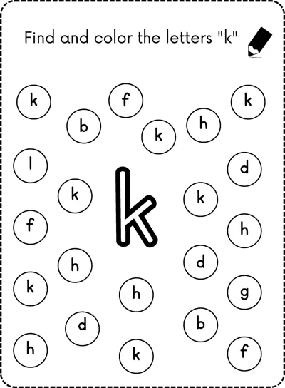 A big bubble letter k in the center surrounded by small circles each holding a lowercase letter.