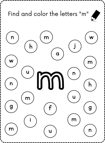 A big bubble letter m in the center surrounded by small circles each holding a lowercase letter.