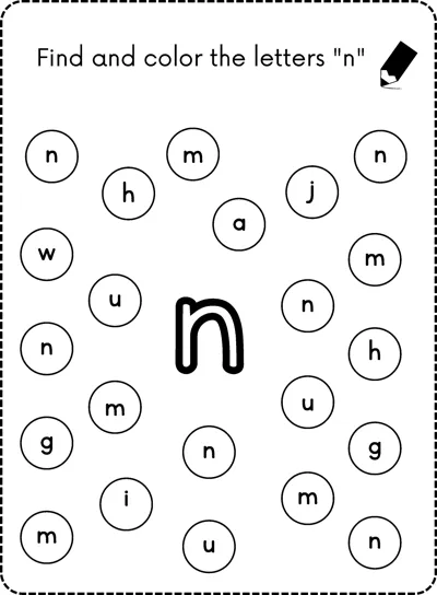 A big bubble letter n in the center surrounded by small circles each holding a lowercase letter.