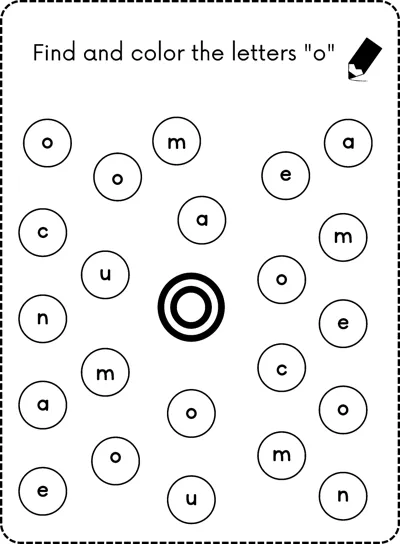A big bubble letter o in the center surrounded by small circles each holding a lowercase letter.